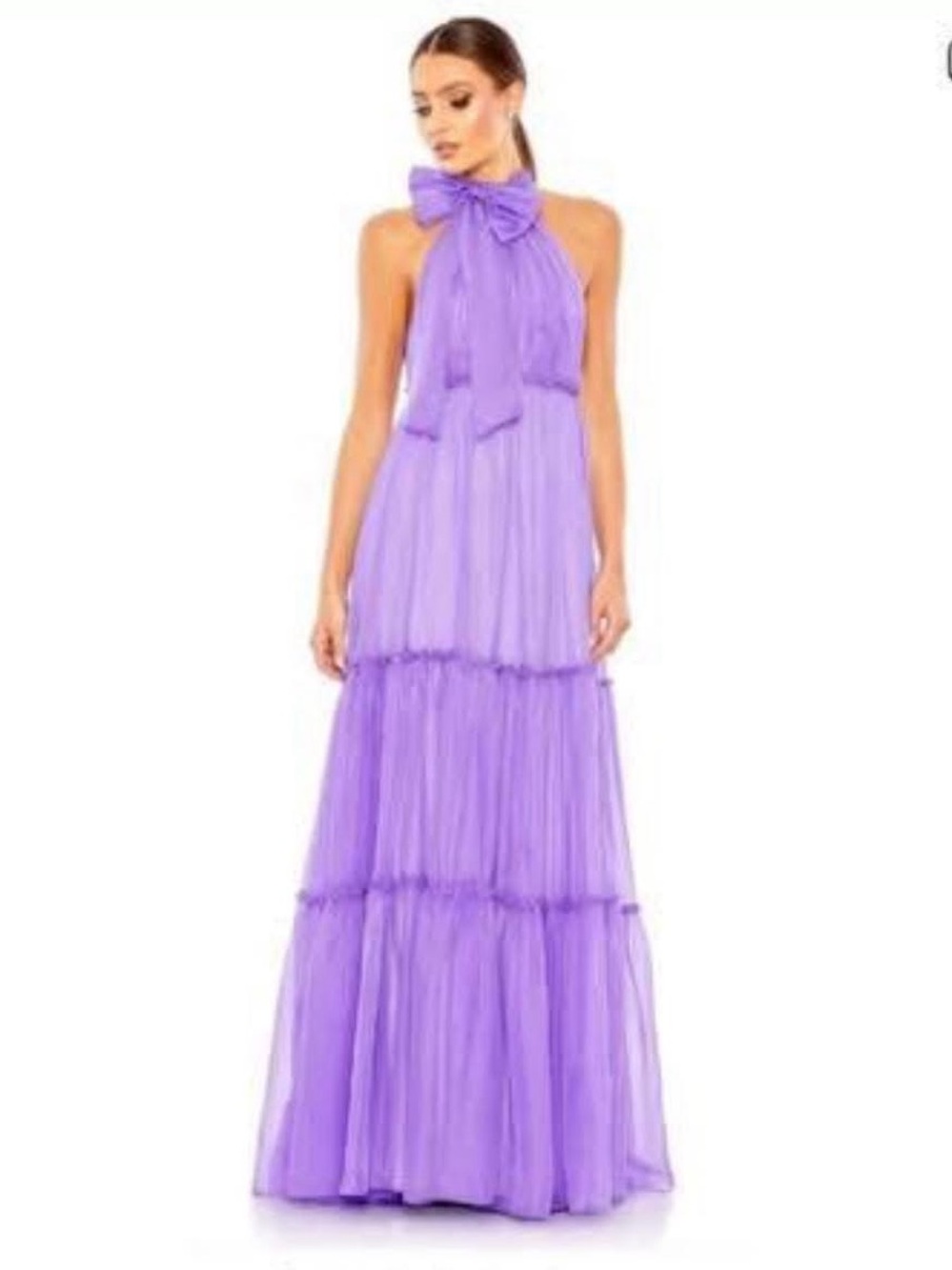Mac Duggal Lavender Tiered Halter Maxi Dress with Bow Neck